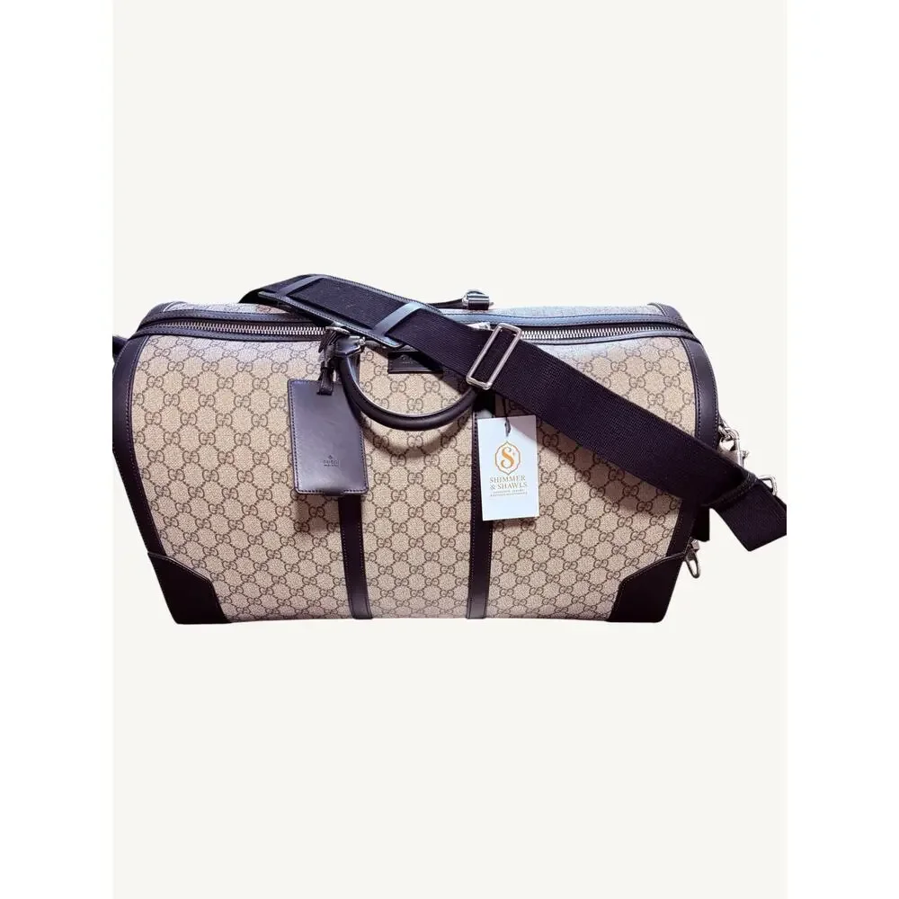 Gucci GG Supreme XL Travel Duffel Bag Beige Ebony Black Leather Full Set New